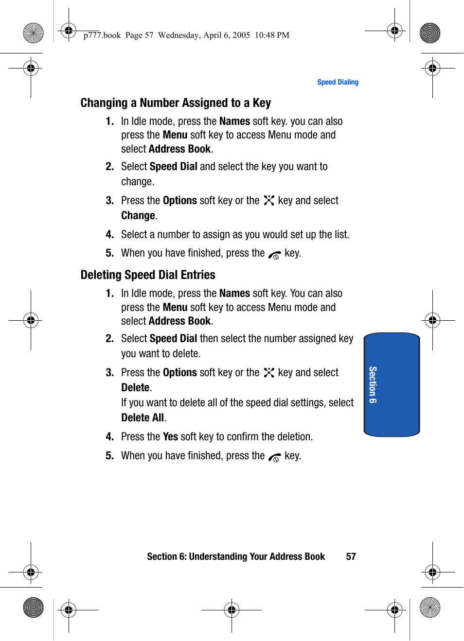 Changing a number assigned to a key, Deleting speed dial entries | Samsung P O R T A B L E T R I - M O D E T E L E P H O N E SGH-P777 User Manual | Page 61 / 205