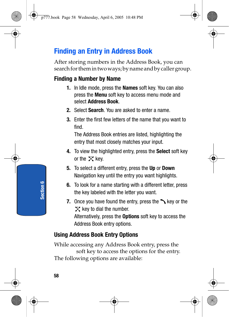 Finding an entry in address book, Finding a number by name, Using address book entry options | Samsung P O R T A B L E T R I - M O D E T E L E P H O N E SGH-P777 User Manual | Page 62 / 205