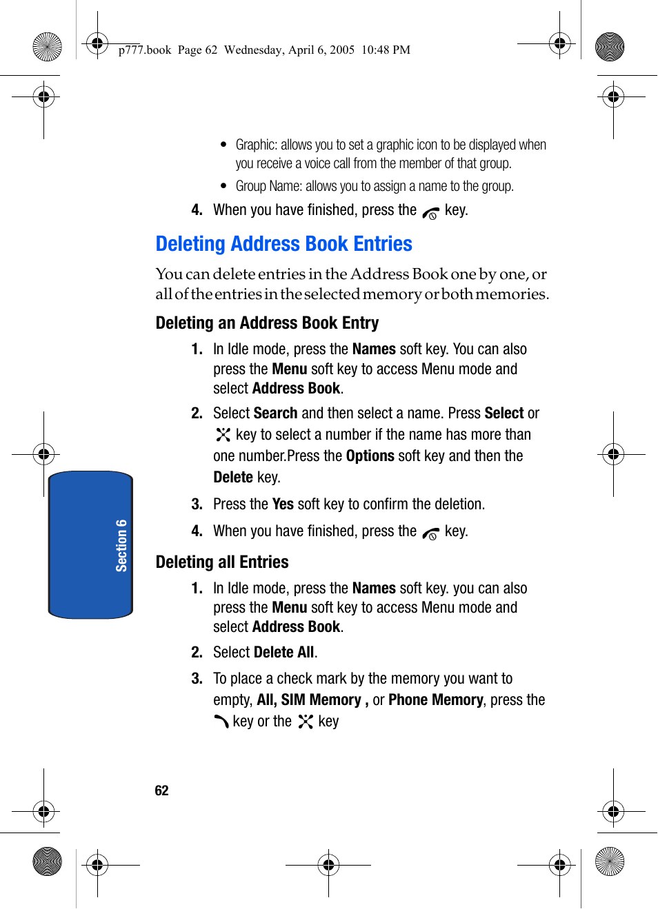 Deleting address book entries, Deleting an address book entry, Deleting all entries | Samsung P O R T A B L E T R I - M O D E T E L E P H O N E SGH-P777 User Manual | Page 66 / 205