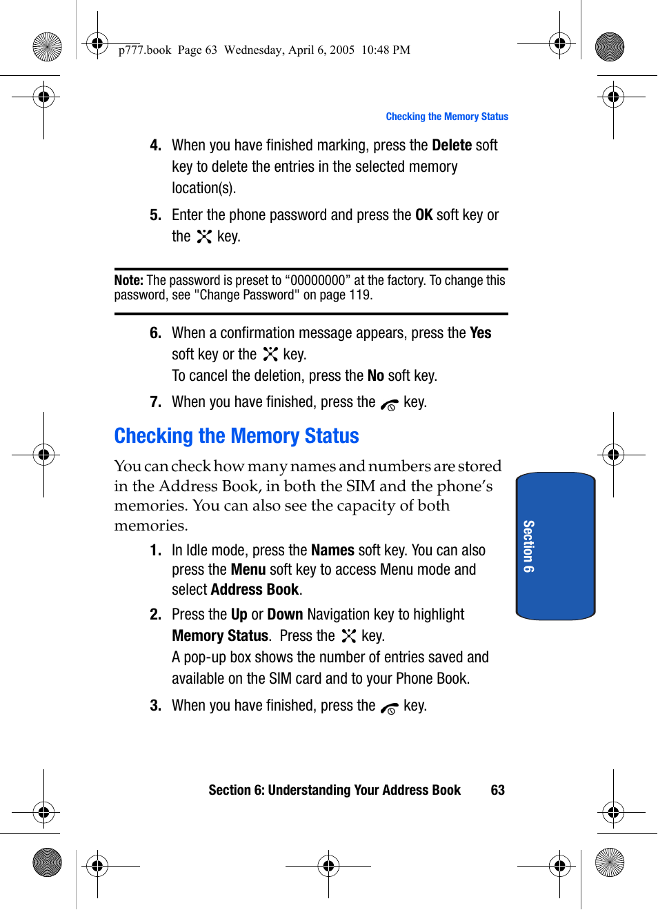 Checking the memory status | Samsung P O R T A B L E T R I - M O D E T E L E P H O N E SGH-P777 User Manual | Page 67 / 205