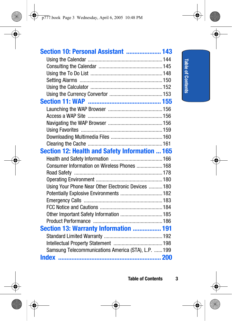 Index | Samsung P O R T A B L E T R I - M O D E T E L E P H O N E SGH-P777 User Manual | Page 7 / 205