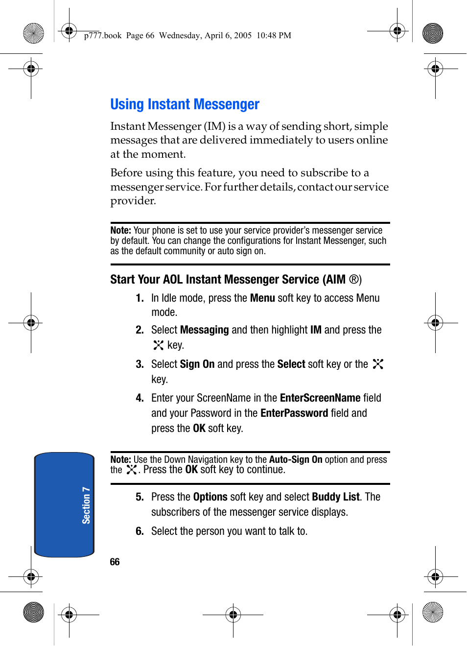 Using instant messenger, Start your aol instant messenger service (aim ®) | Samsung P O R T A B L E T R I - M O D E T E L E P H O N E SGH-P777 User Manual | Page 70 / 205