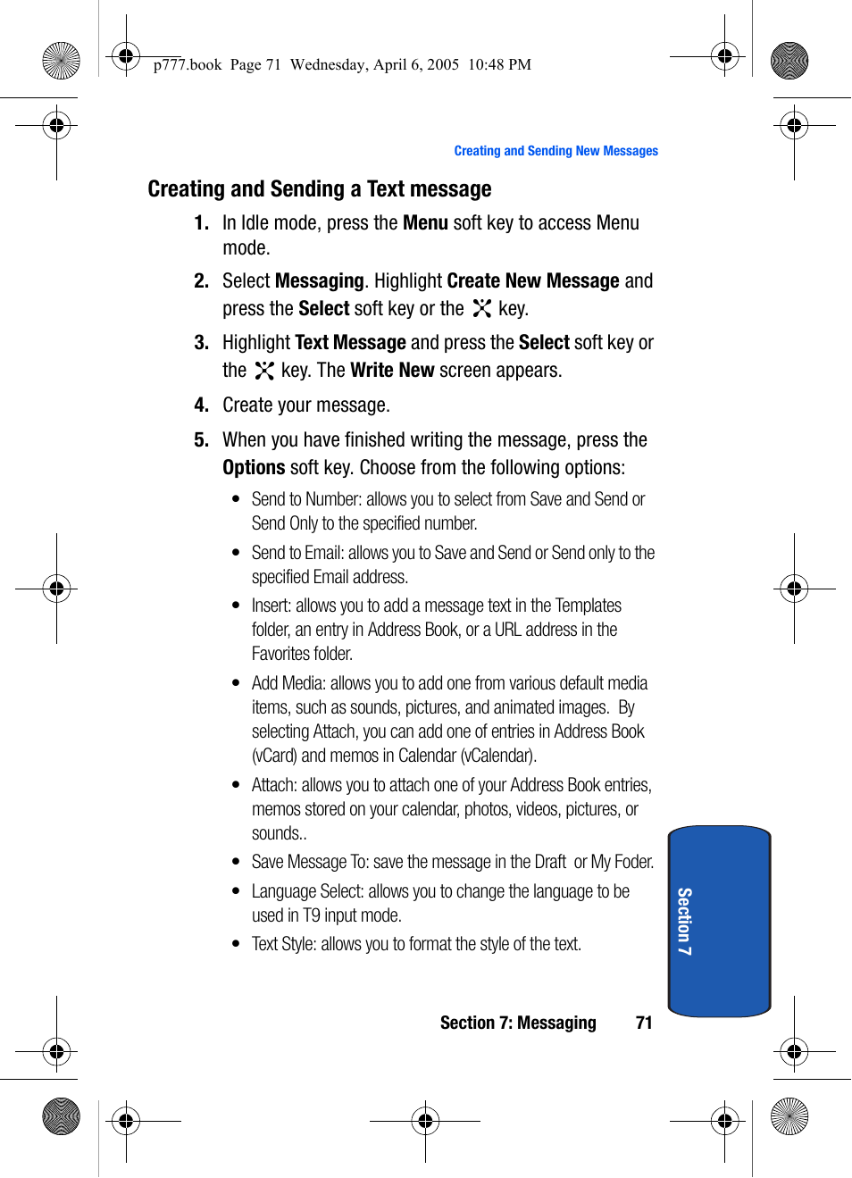 Creating and sending a text message | Samsung P O R T A B L E T R I - M O D E T E L E P H O N E SGH-P777 User Manual | Page 75 / 205