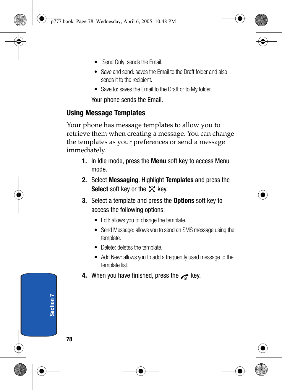 Using message templates | Samsung P O R T A B L E T R I - M O D E T E L E P H O N E SGH-P777 User Manual | Page 82 / 205