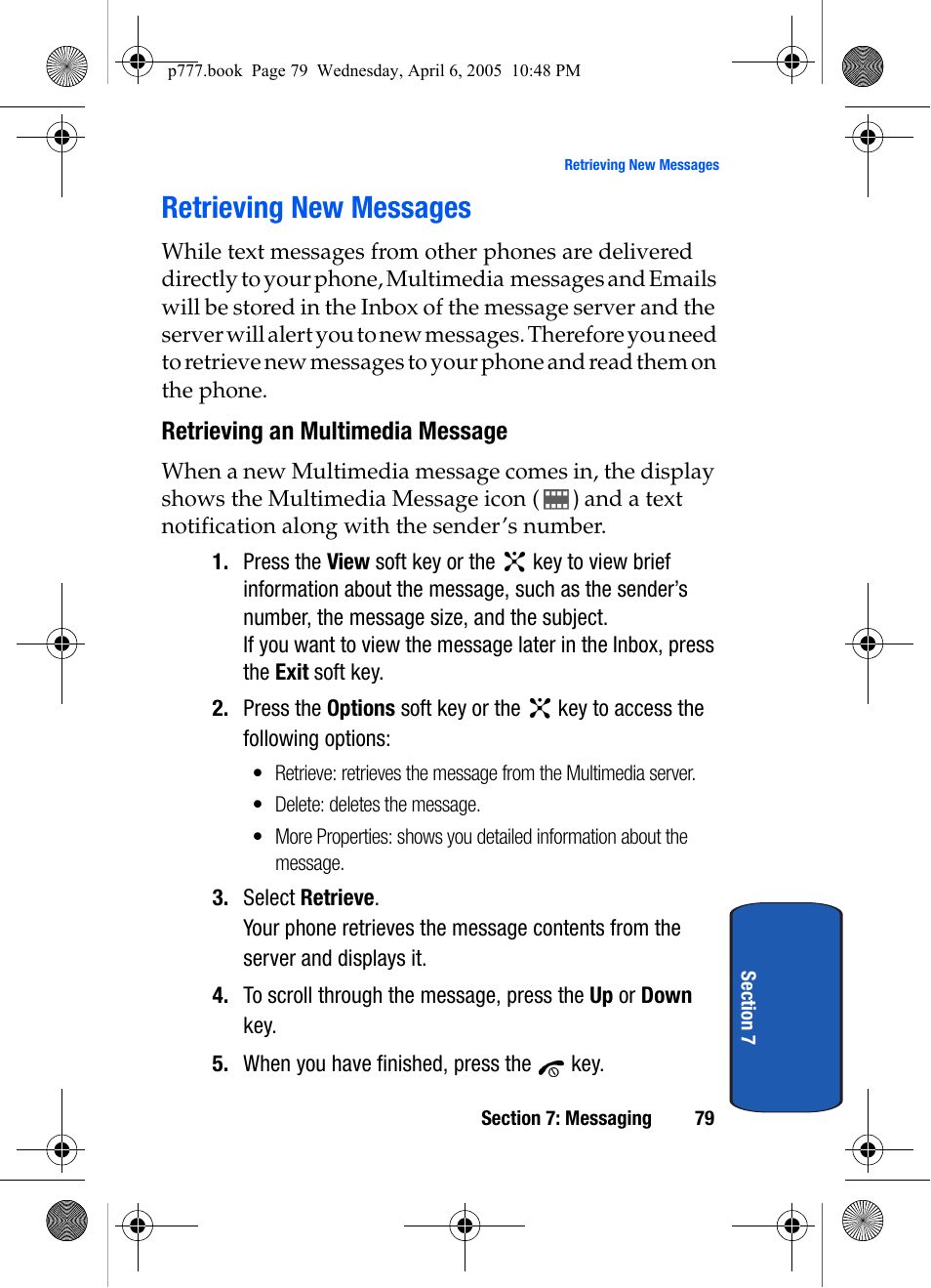 Retrieving new messages, Retrieving an multimedia message | Samsung P O R T A B L E T R I - M O D E T E L E P H O N E SGH-P777 User Manual | Page 83 / 205