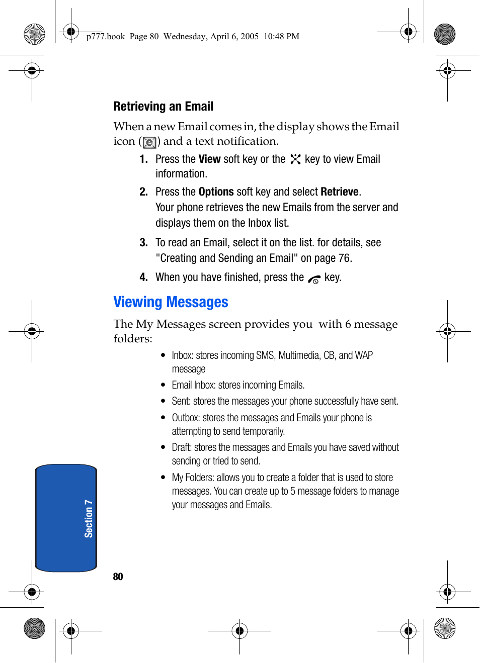 Retrieving an email, Viewing messages | Samsung P O R T A B L E T R I - M O D E T E L E P H O N E SGH-P777 User Manual | Page 84 / 205