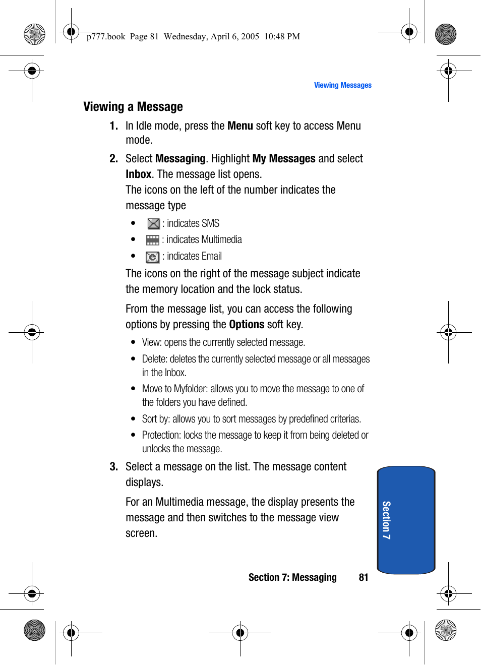 Viewing a message | Samsung P O R T A B L E T R I - M O D E T E L E P H O N E SGH-P777 User Manual | Page 85 / 205