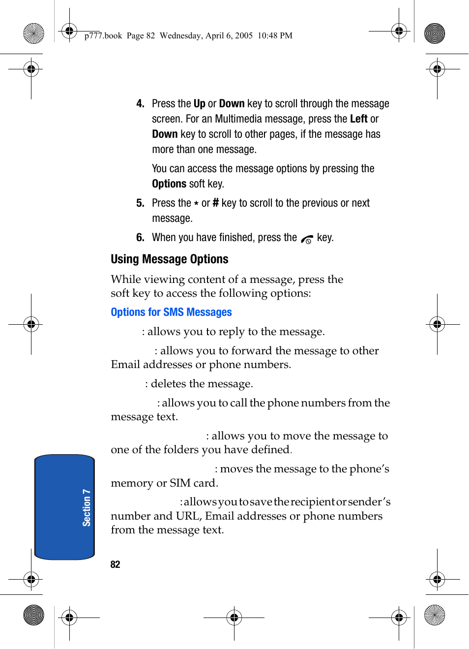 Using message options, Options for sms messages | Samsung P O R T A B L E T R I - M O D E T E L E P H O N E SGH-P777 User Manual | Page 86 / 205