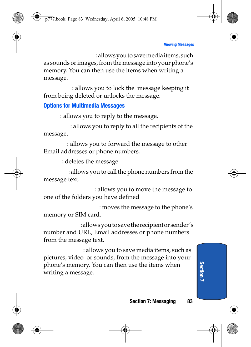 Options for multimedia messages | Samsung P O R T A B L E T R I - M O D E T E L E P H O N E SGH-P777 User Manual | Page 87 / 205