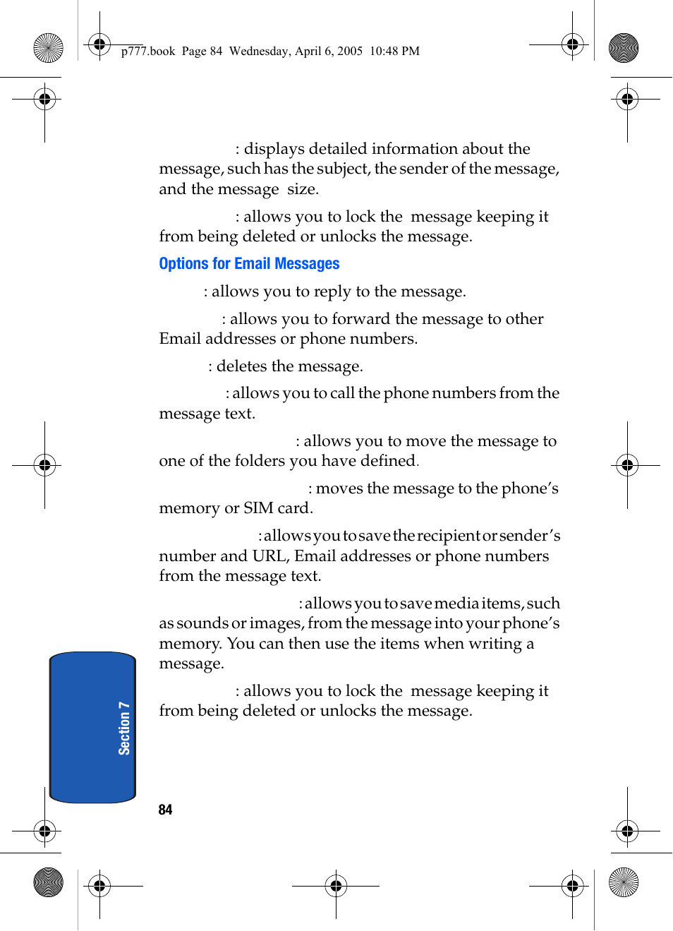 Options for email messages | Samsung P O R T A B L E T R I - M O D E T E L E P H O N E SGH-P777 User Manual | Page 88 / 205