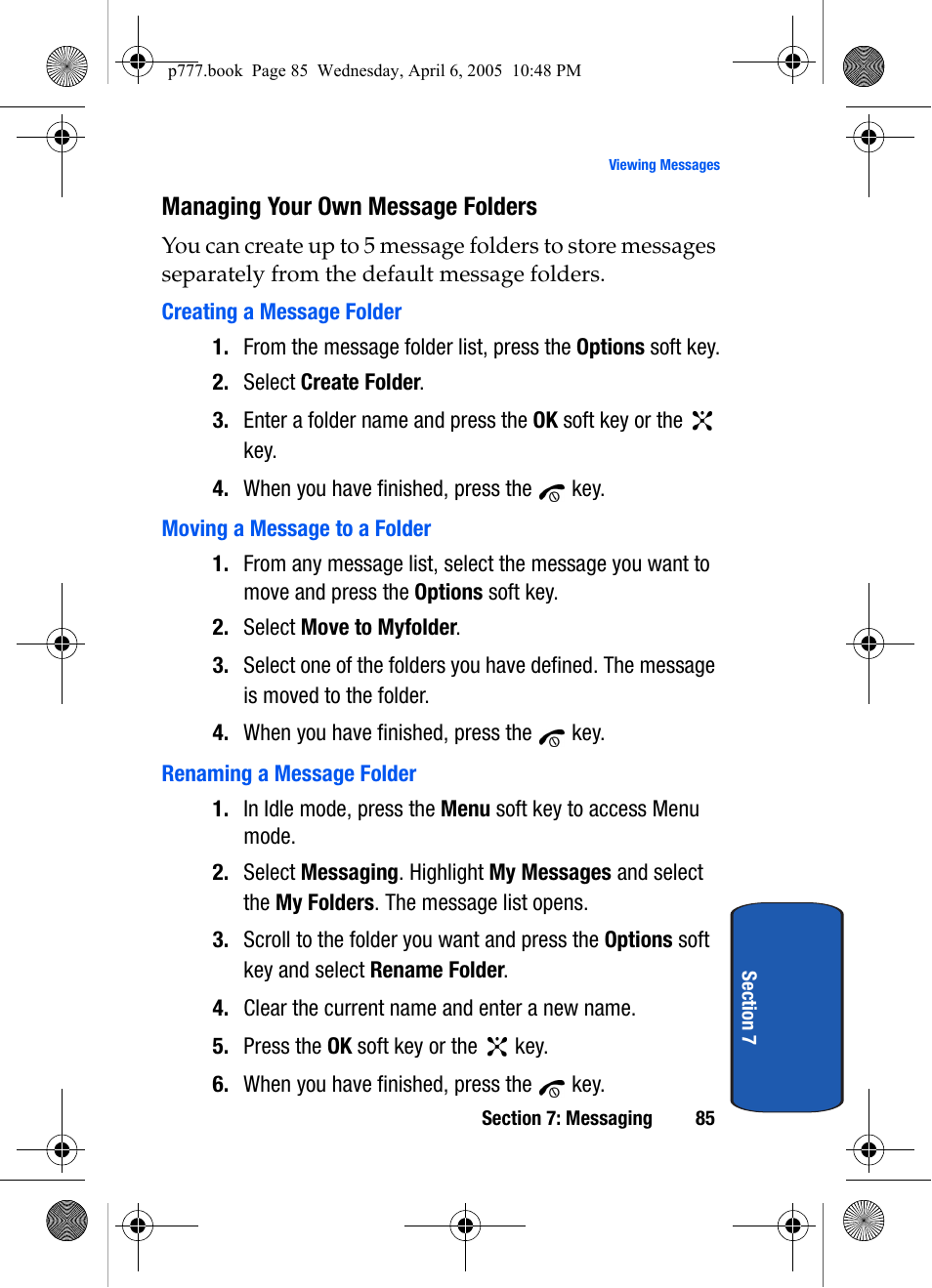 Managing your own message folders, Creating a message folder, Moving a message to a folder | Renaming a message folder | Samsung P O R T A B L E T R I - M O D E T E L E P H O N E SGH-P777 User Manual | Page 89 / 205