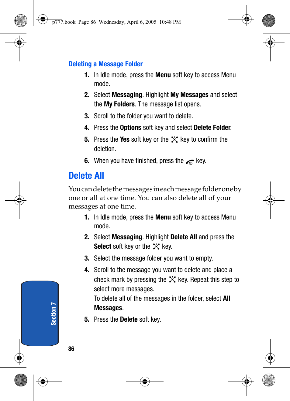 Deleting a message folder, Delete all | Samsung P O R T A B L E T R I - M O D E T E L E P H O N E SGH-P777 User Manual | Page 90 / 205