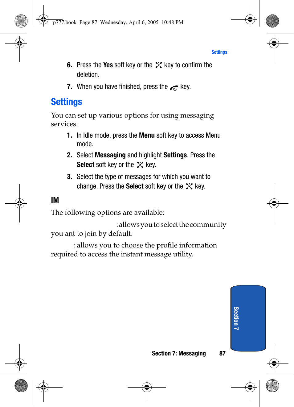 Settings | Samsung P O R T A B L E T R I - M O D E T E L E P H O N E SGH-P777 User Manual | Page 91 / 205