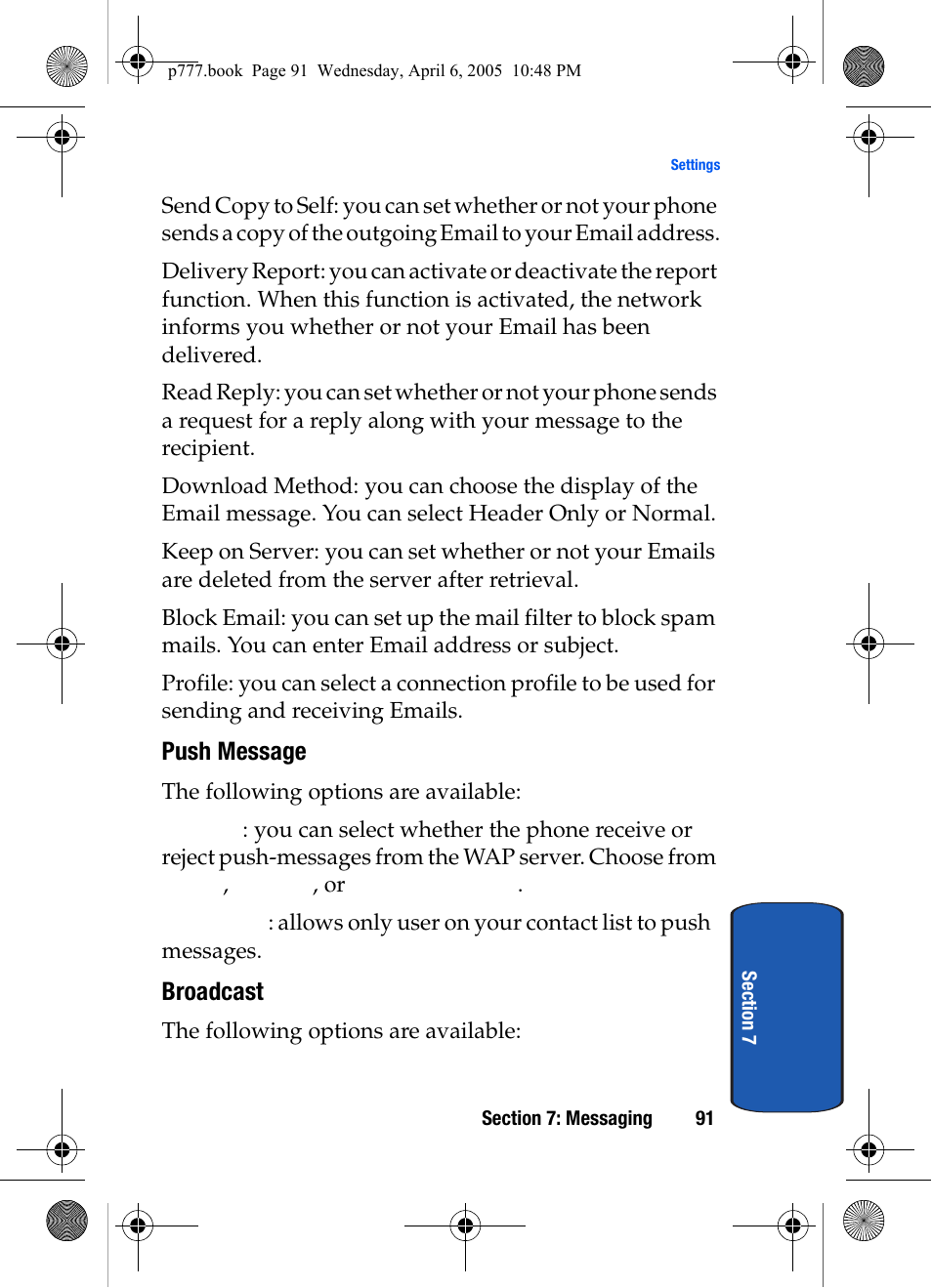 Push message, Broadcast | Samsung P O R T A B L E T R I - M O D E T E L E P H O N E SGH-P777 User Manual | Page 95 / 205