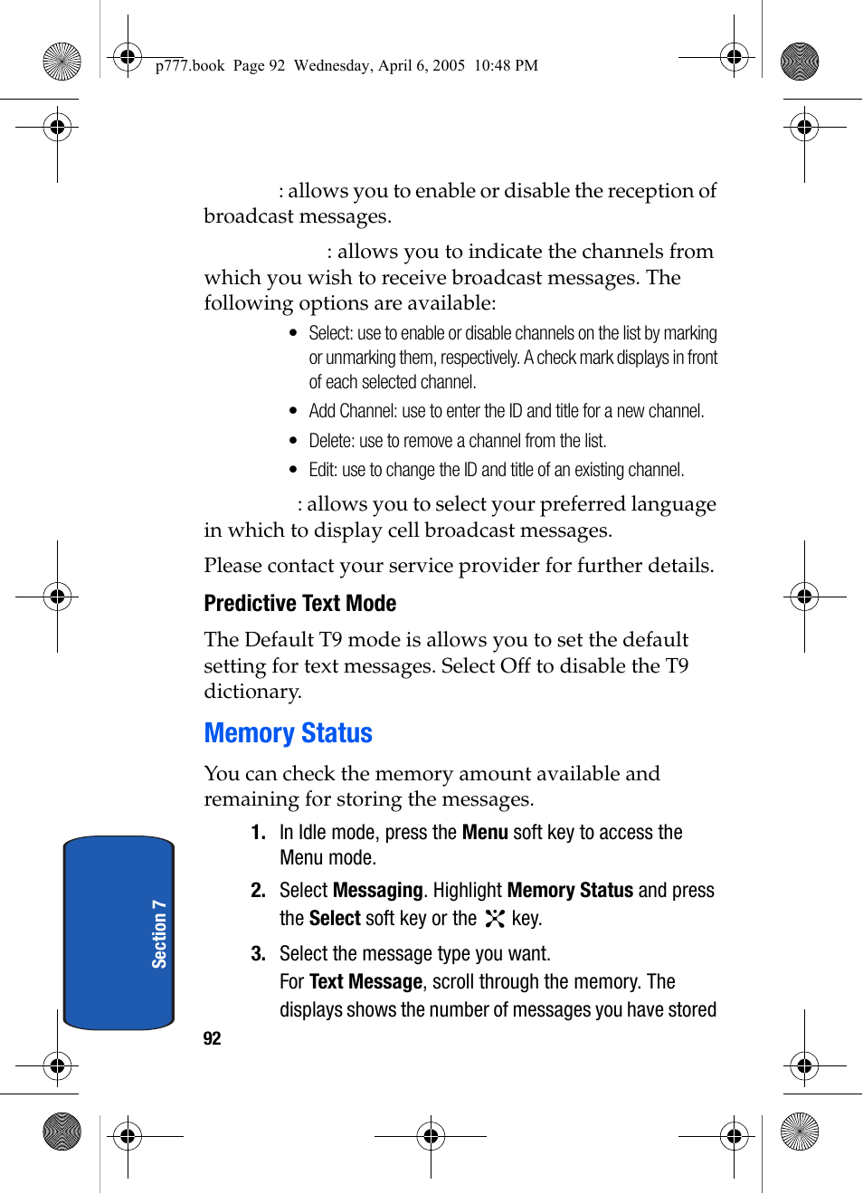 Predictive text mode, Memory status | Samsung P O R T A B L E T R I - M O D E T E L E P H O N E SGH-P777 User Manual | Page 96 / 205