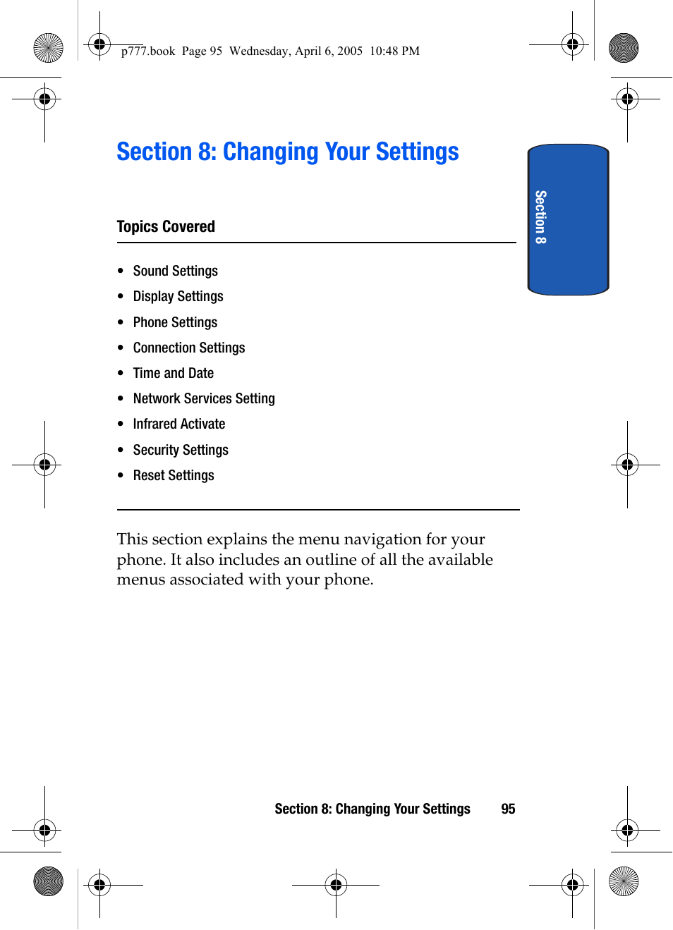 Section 8: changing your settings | Samsung P O R T A B L E T R I - M O D E T E L E P H O N E SGH-P777 User Manual | Page 99 / 205