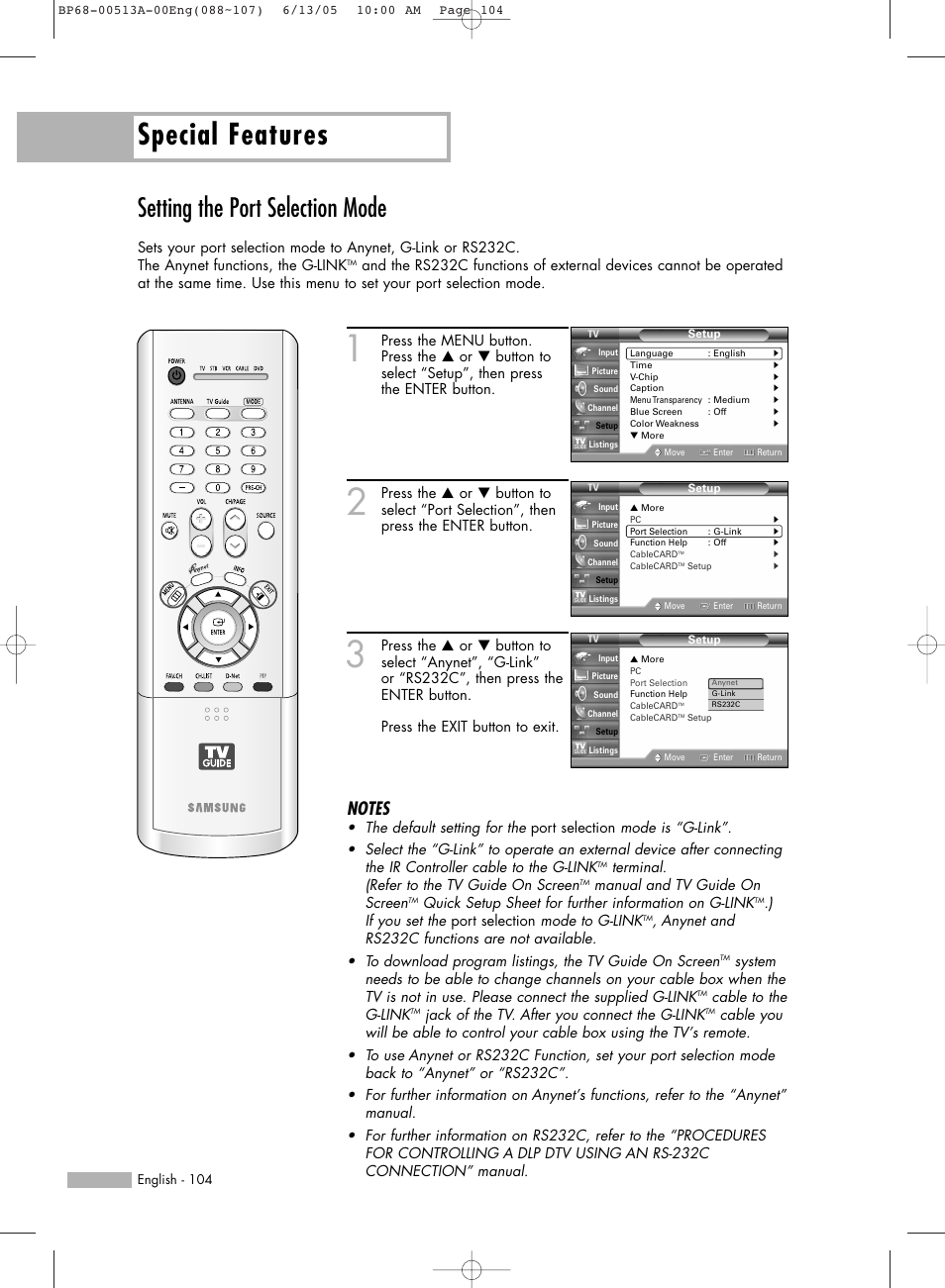 Setting the port selection mode, Special features | Samsung HL-R5678W User Manual | Page 104 / 144