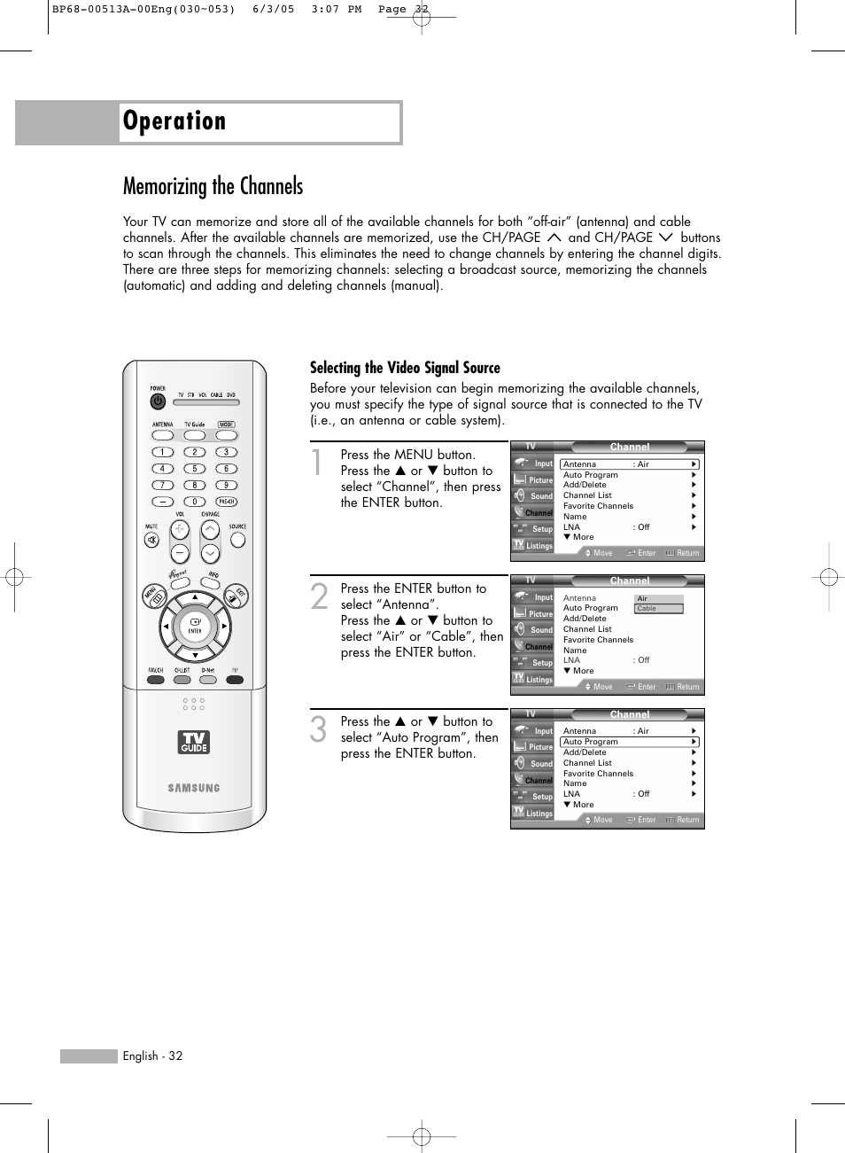 Memorizing the channels, Operation, Selecting the video signal source | Samsung HL-R5678W User Manual | Page 32 / 144