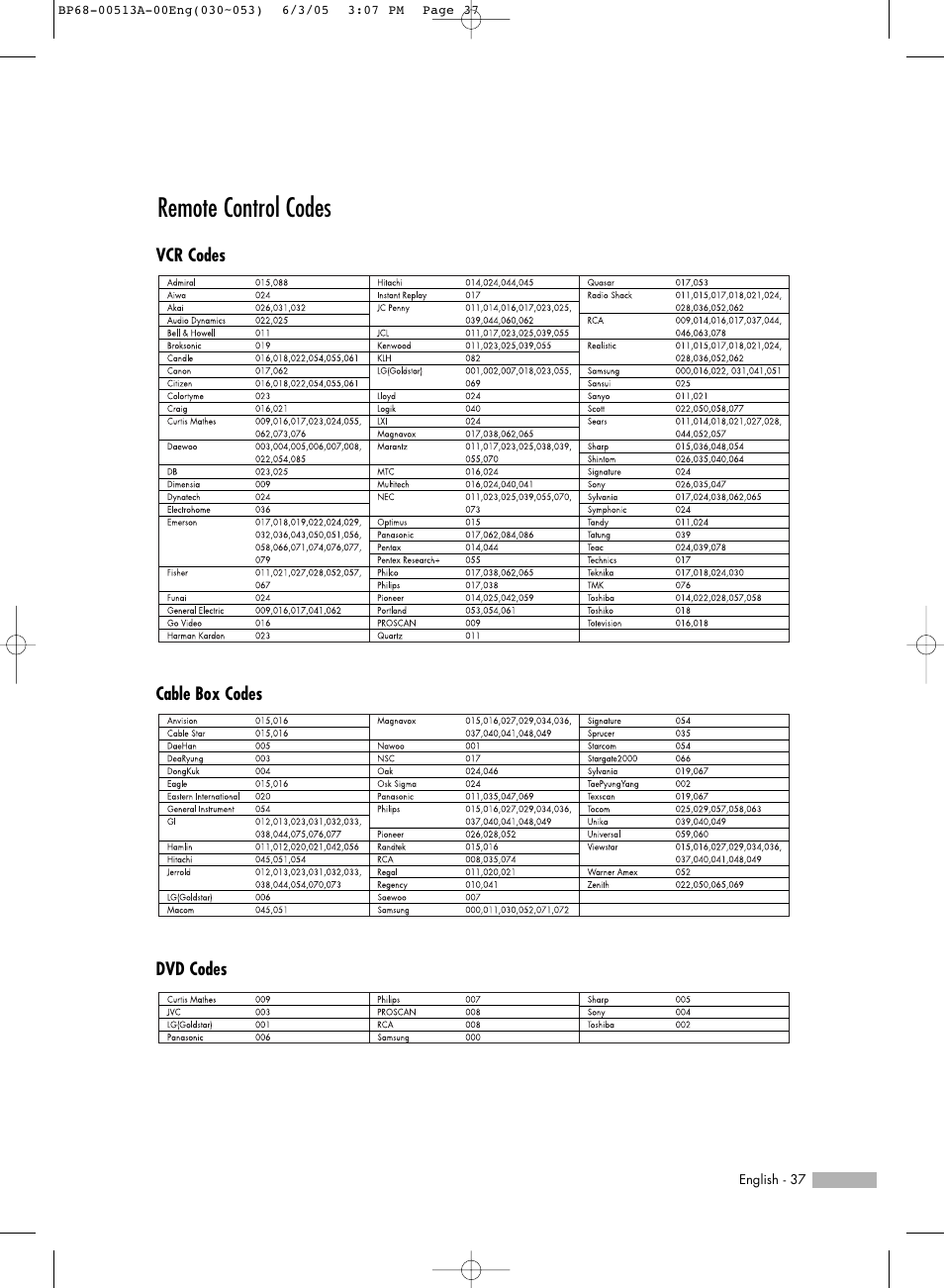Remote control codes | Samsung HL-R5678W User Manual | Page 37 / 144