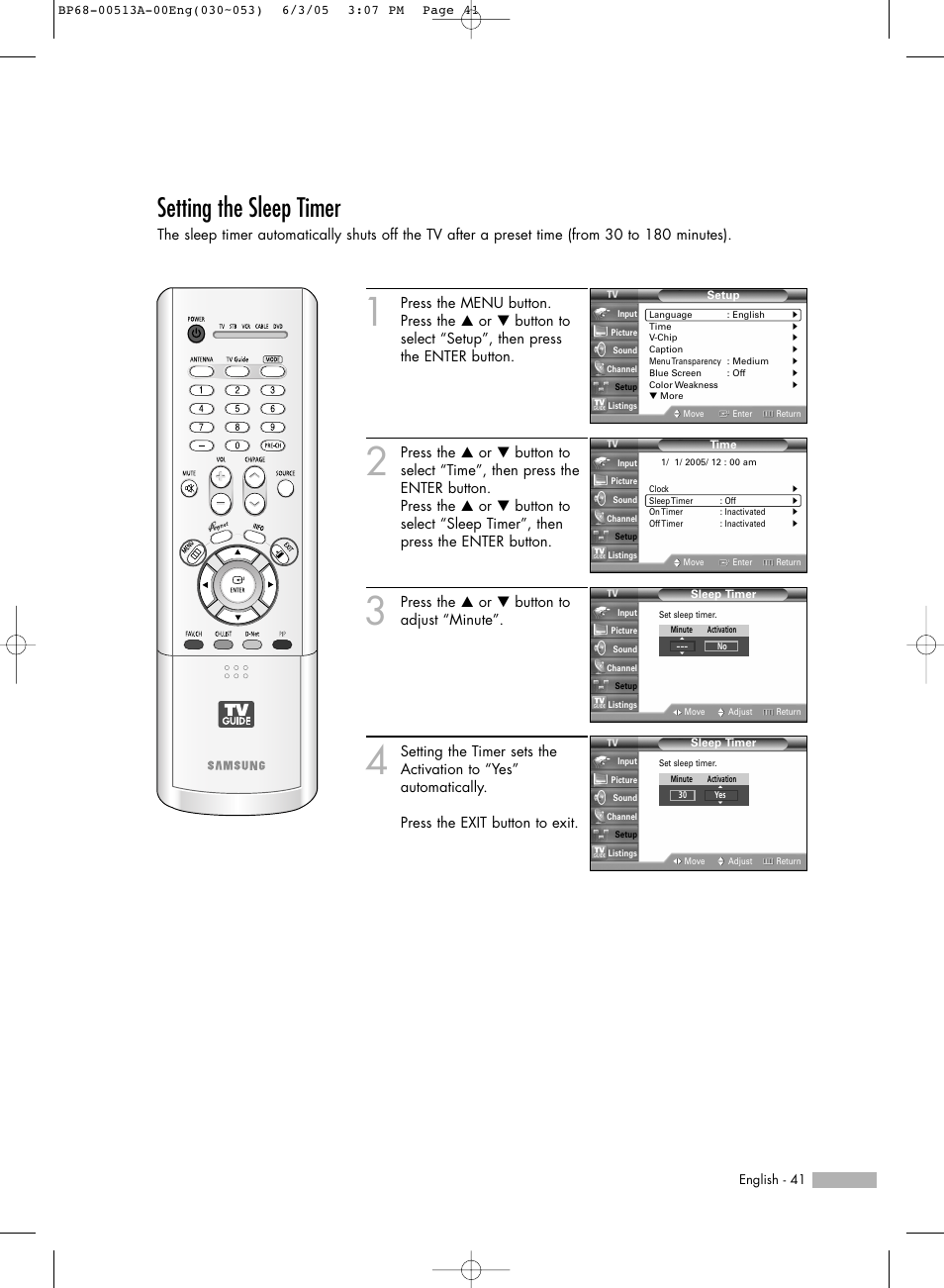 Setting the sleep timer | Samsung HL-R5678W User Manual | Page 41 / 144