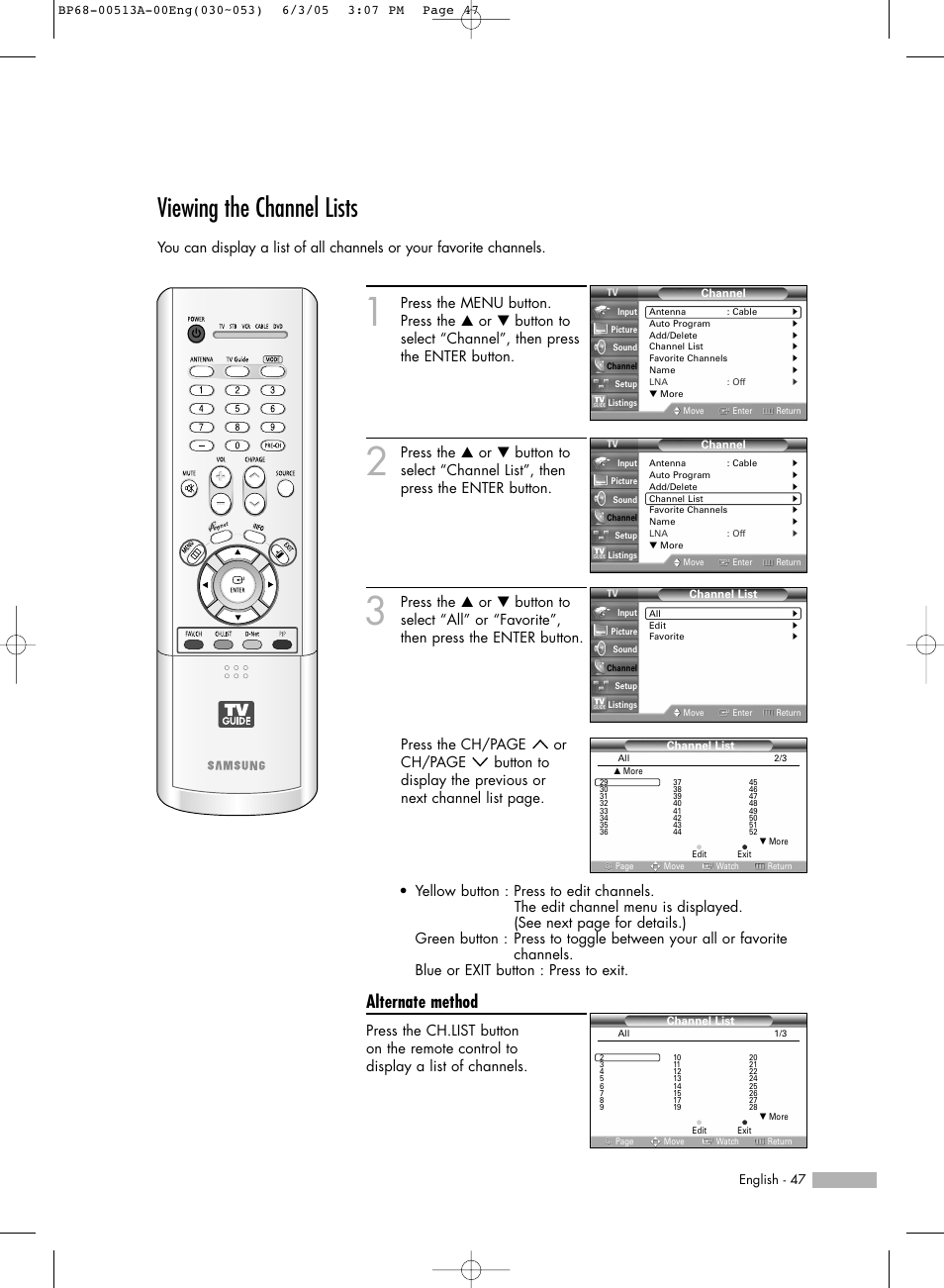 Viewing the channel lists, Alternate method | Samsung HL-R5678W User Manual | Page 47 / 144