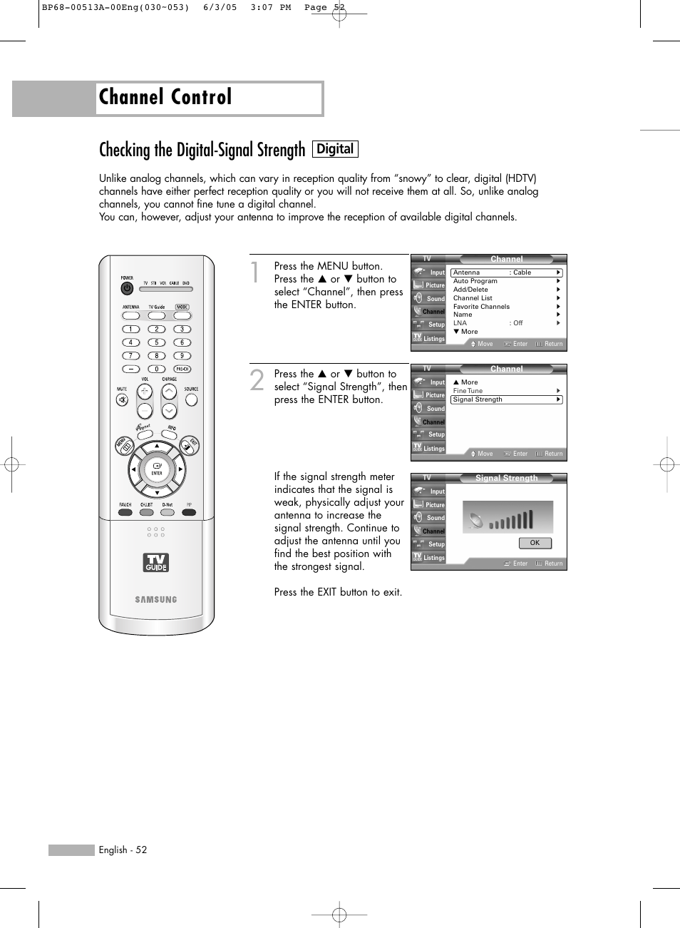 Checking the digital-signal strength, Channel control, Digital | Samsung HL-R5678W User Manual | Page 52 / 144