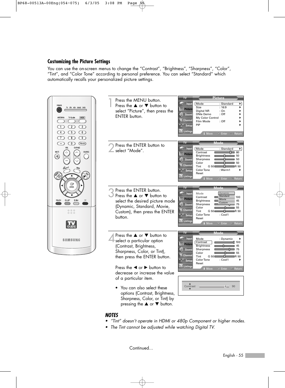 Customizing the picture settings, Press the enter button to select “mode | Samsung HL-R5678W User Manual | Page 55 / 144