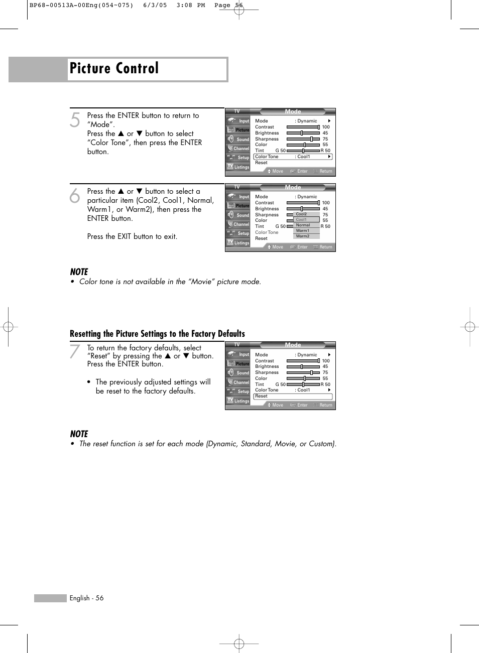 Picture control | Samsung HL-R5678W User Manual | Page 56 / 144