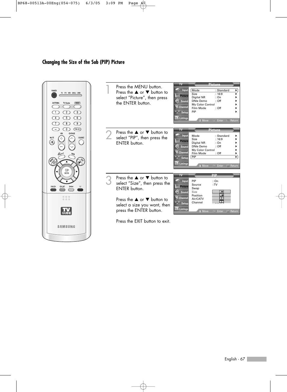 Changing the size of the sub (pip) picture | Samsung HL-R5678W User Manual | Page 67 / 144