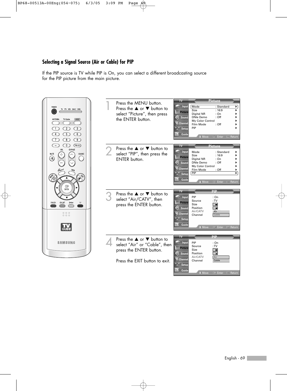 Selecting a signal source (air or cable) for pip | Samsung HL-R5678W User Manual | Page 69 / 144