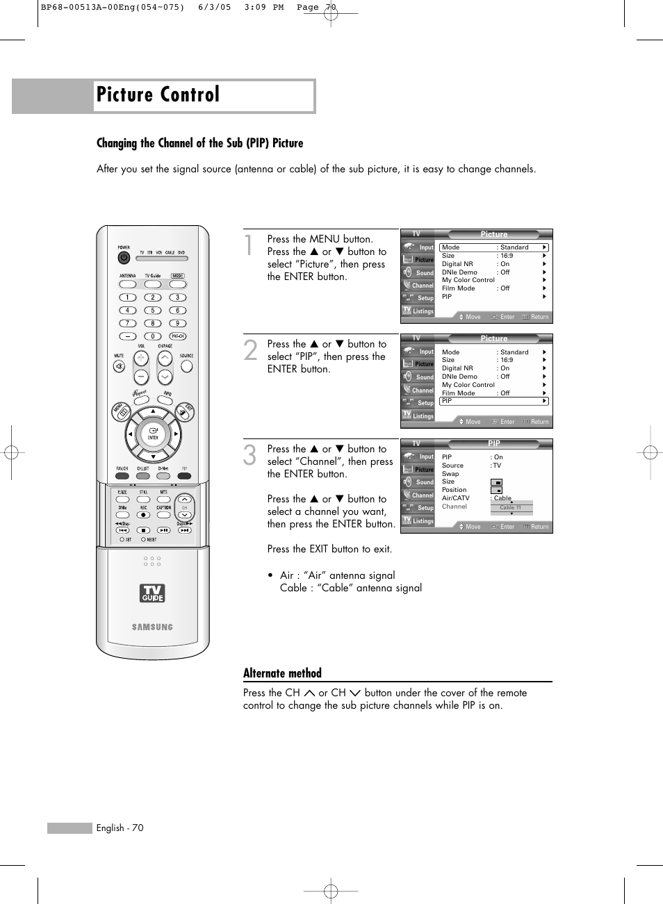 Picture control, Changing the channel of the sub (pip) picture, Alternate method | Samsung HL-R5678W User Manual | Page 70 / 144