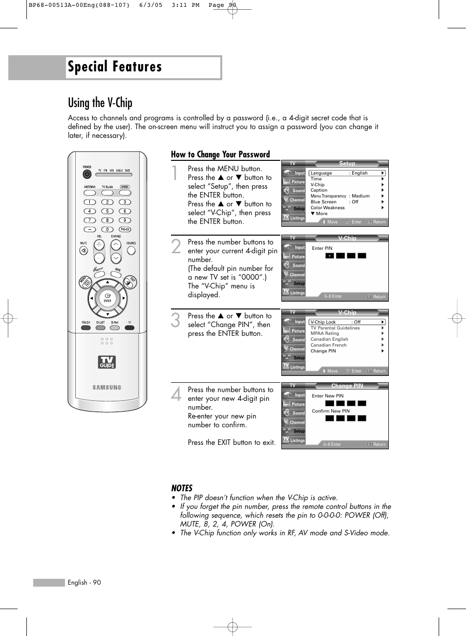 Using the v-chip, Special features, How to change your password | Samsung HL-R5678W User Manual | Page 90 / 144