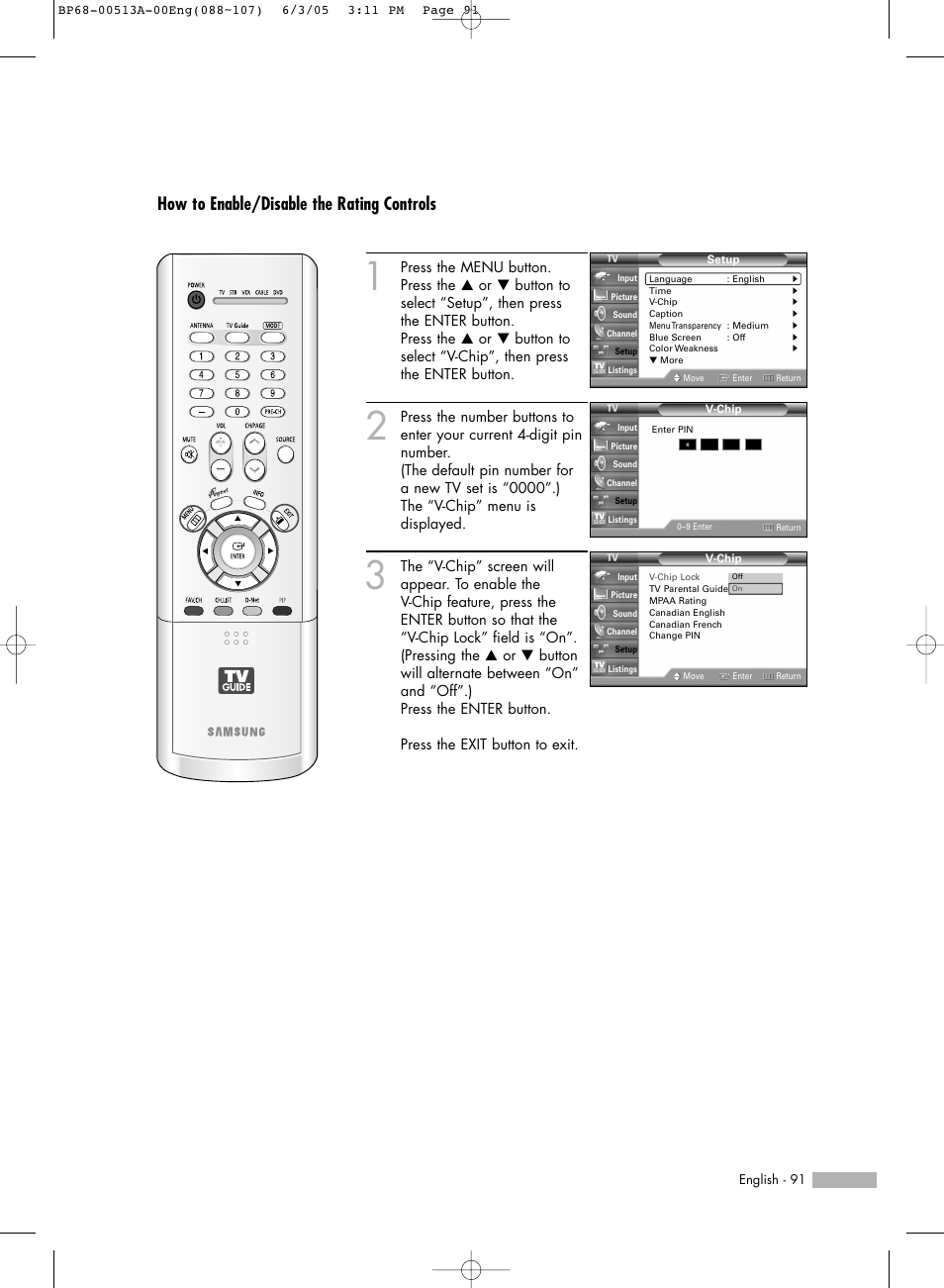 How to enable/disable the rating controls | Samsung HL-R5678W User Manual | Page 91 / 144