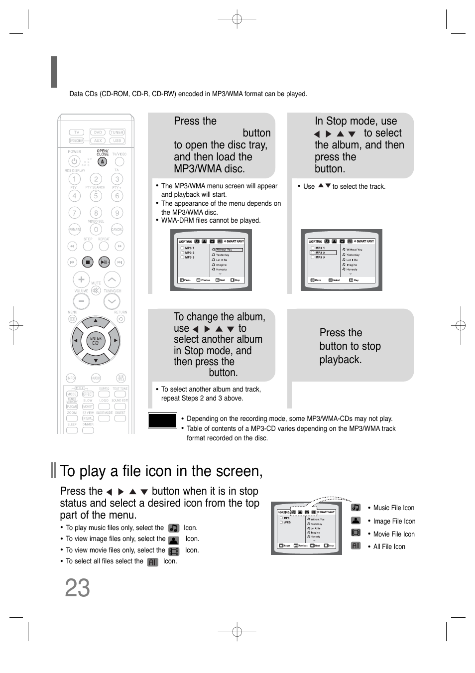 Mp3/wma-cd playback, Displaying disc information | Samsung HT-TQ25 User Manual | Page 24 / 80