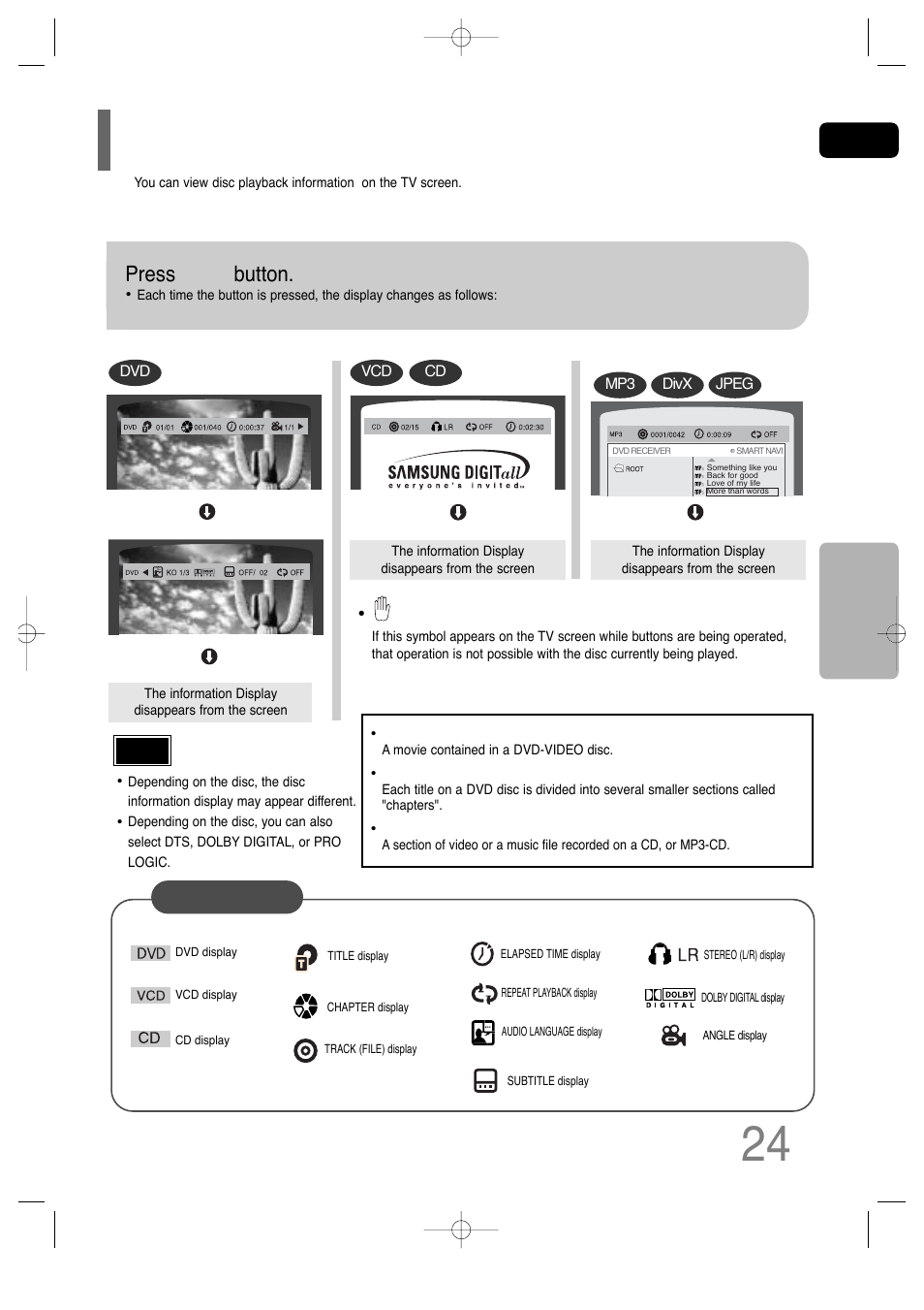 Jpeg file playback, Displaying disc information, Press info button | Gb opera tion | Samsung HT-TQ25 User Manual | Page 25 / 80