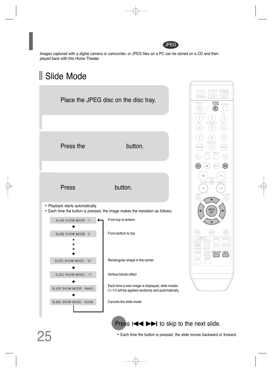 Jpeg file playback, Slide mode | Samsung HT-TQ25 User Manual | Page 26 / 80