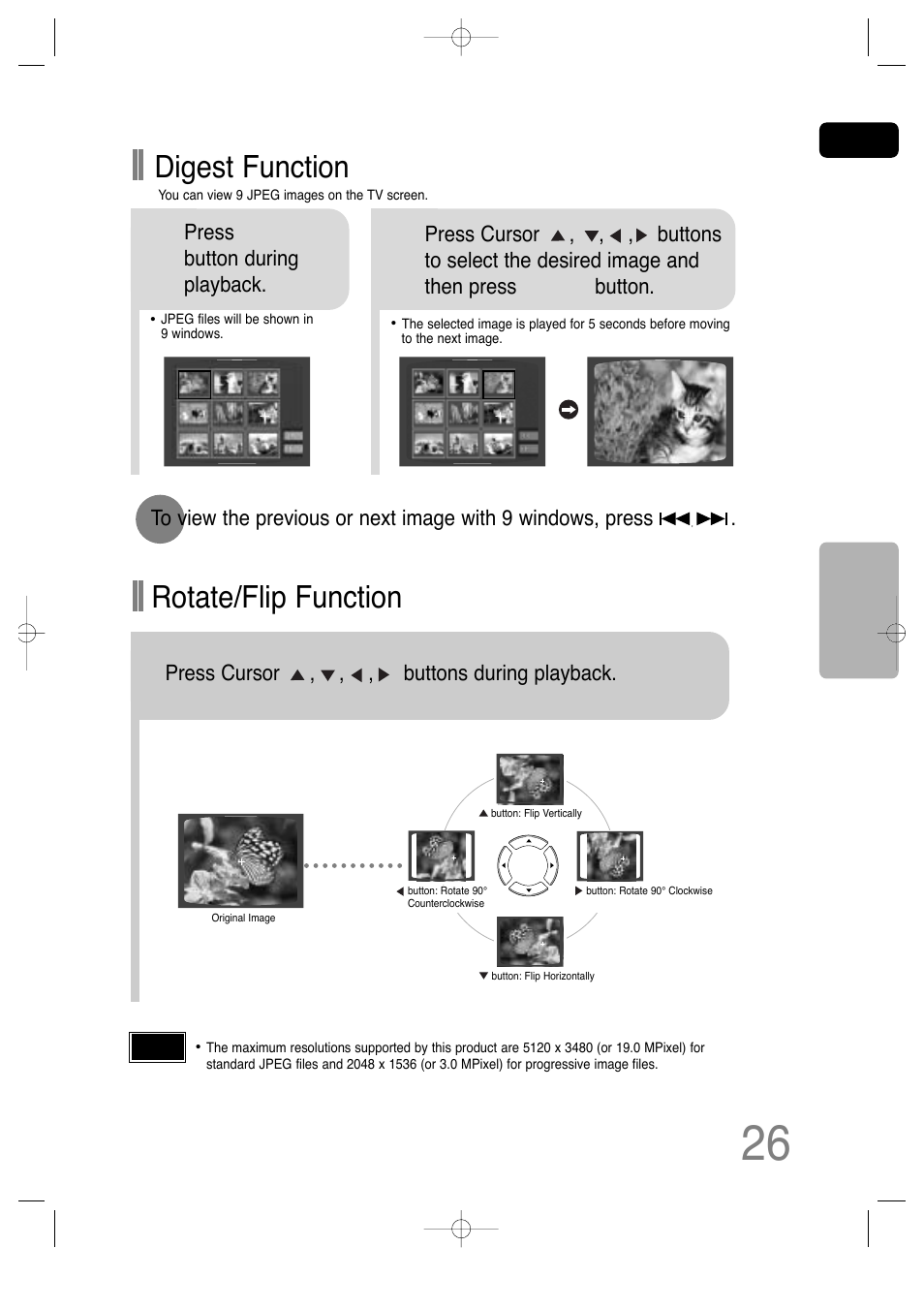 Divx playback, Rotate/flip function, Digest function | Samsung HT-TQ25 User Manual | Page 27 / 80