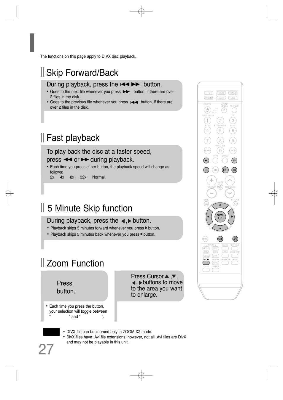 Divx playback, Fast playback skip forward/back, Zoom function | 5 minute skip function | Samsung HT-TQ25 User Manual | Page 28 / 80