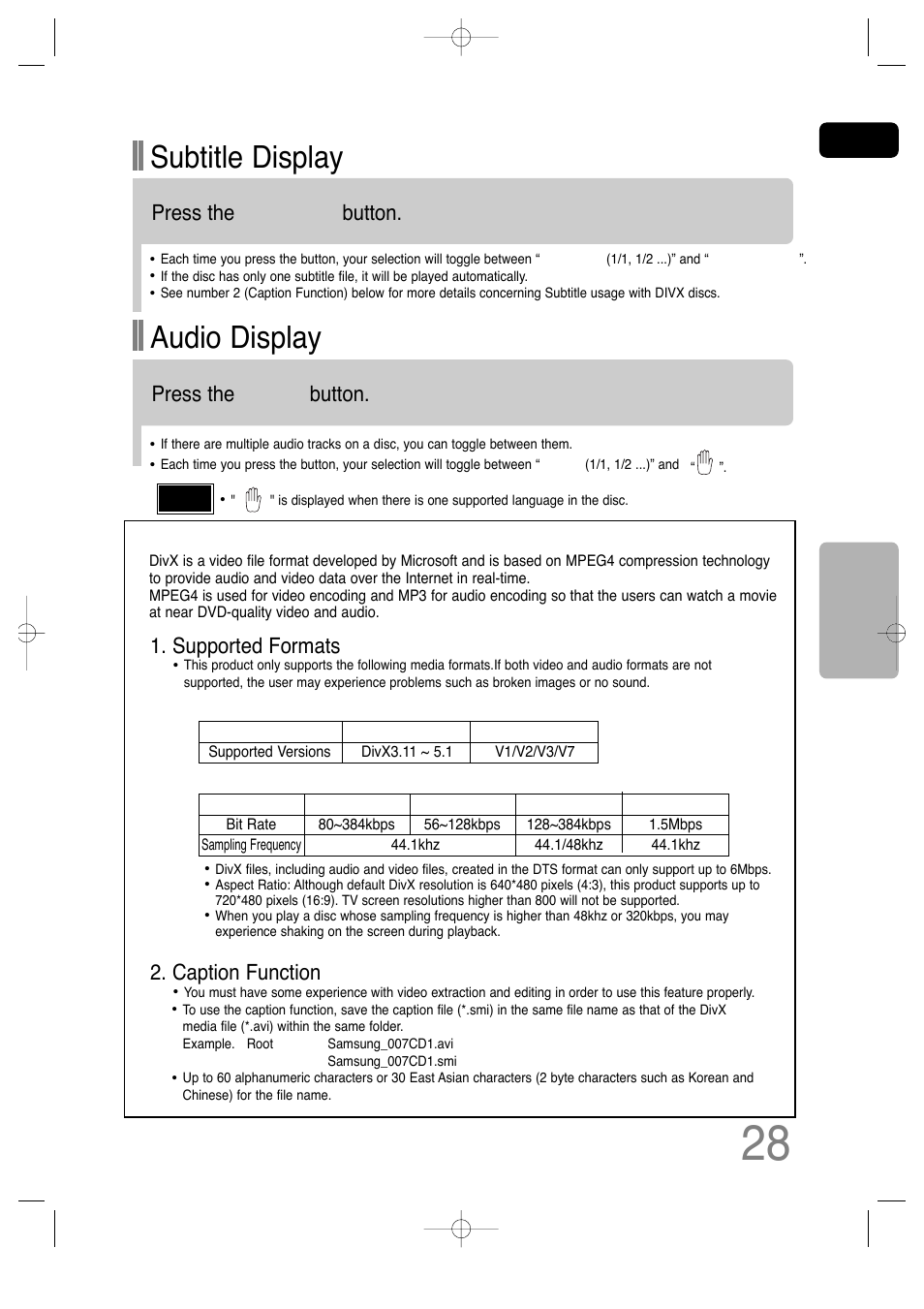 Checking the remaining time, Subtitle display, Audio display | Divx, Press the subtitle button, Press the audio button, Supported formats, Caption function | Samsung HT-TQ25 User Manual | Page 29 / 80