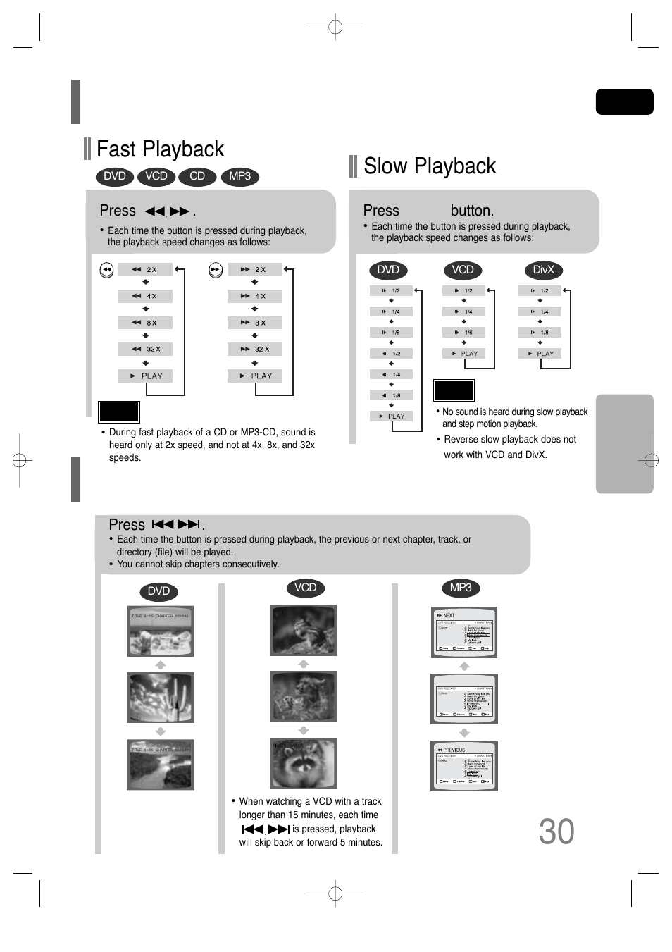 Fast/slow playback, Skipping scenes/songs, Fast/slow playback skipping scenes/songs | Fast playback, Slow playback | Samsung HT-TQ25 User Manual | Page 31 / 80