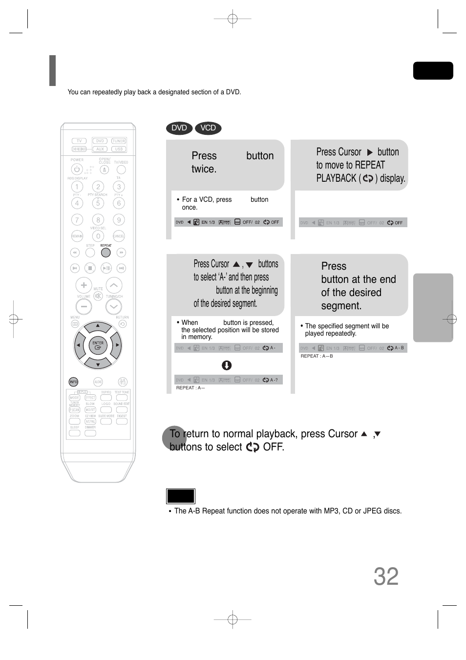 A-b repeat playback | Samsung HT-TQ25 User Manual | Page 33 / 80