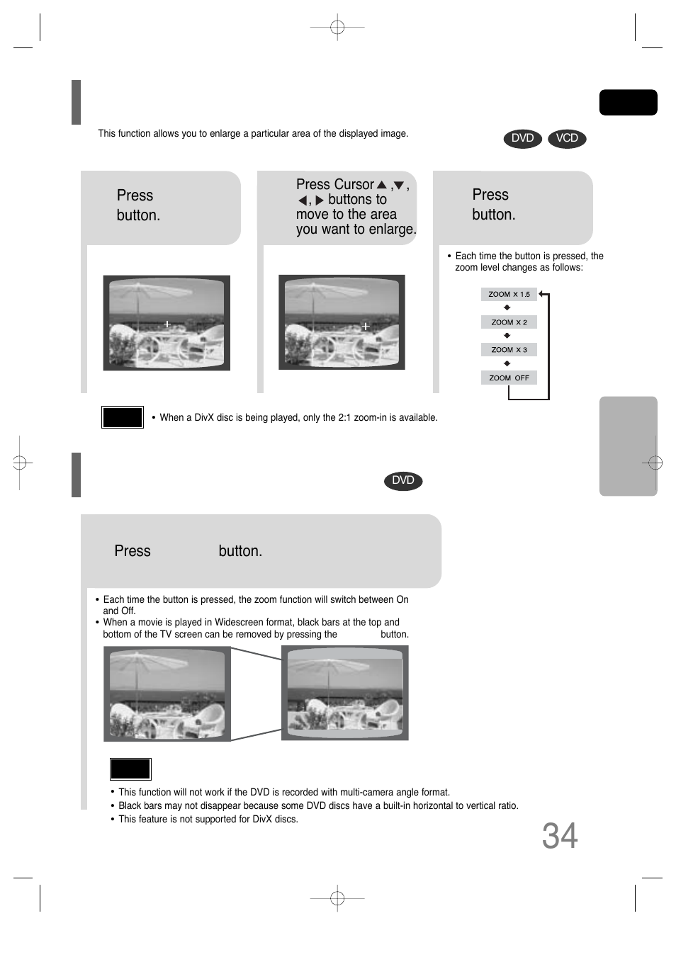 Zoom (screen enlarge) function, Ez view function, Zoom (screen enlarge) function ez view function | Samsung HT-TQ25 User Manual | Page 35 / 80