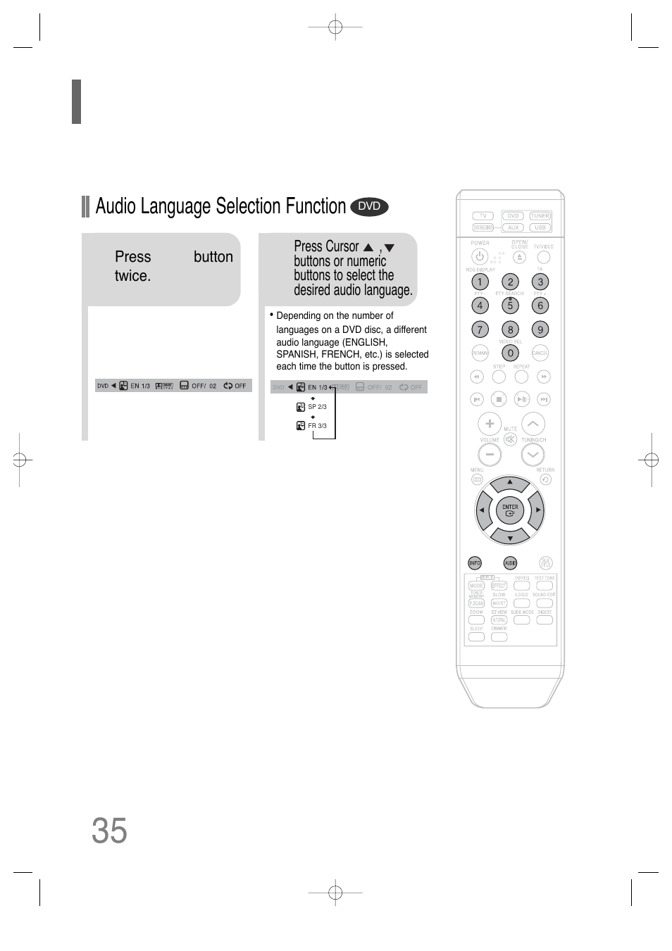 Selecting audio language, Audio language selection function | Samsung HT-TQ25 User Manual | Page 36 / 80