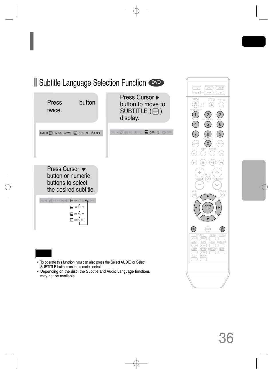 Selecting subtitle language, Subtitle language selection function | Samsung HT-TQ25 User Manual | Page 37 / 80