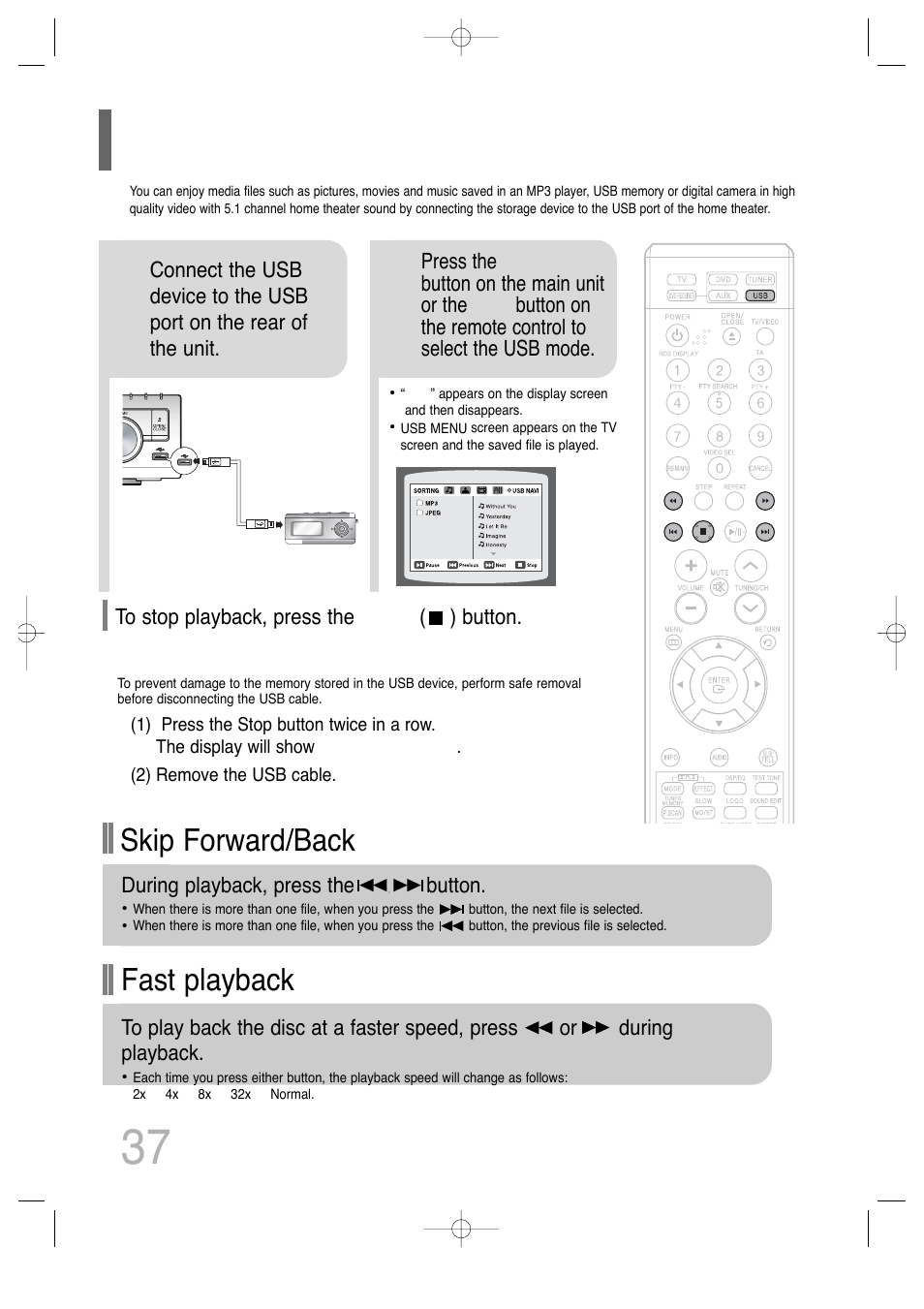 Playing media files using the usb host feature, Fast playback skip forward/back | Samsung HT-TQ25 User Manual | Page 38 / 80