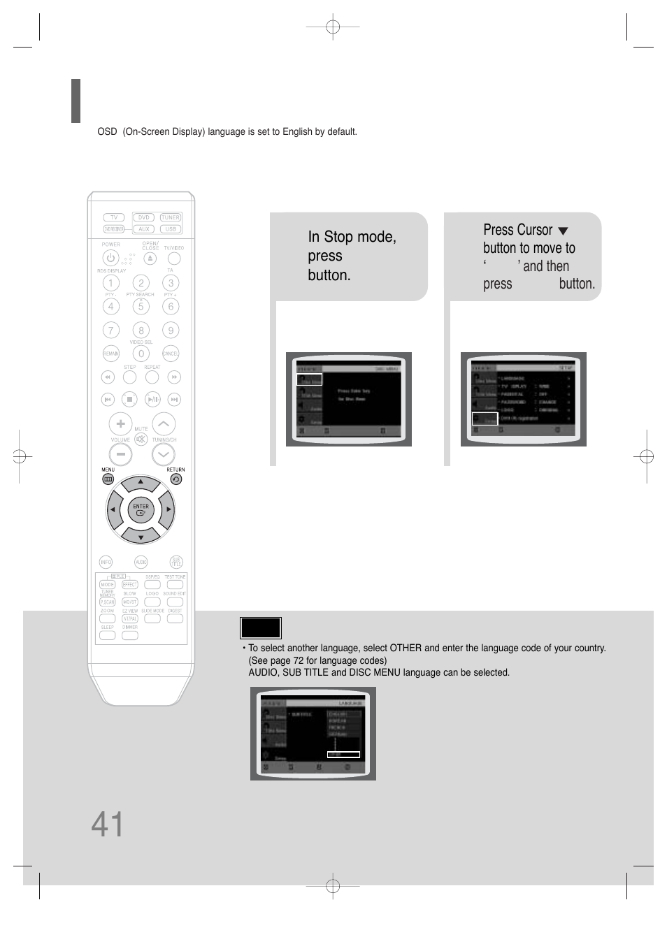 Setting the language, Setting the language 41 | Samsung HT-TQ25 User Manual | Page 42 / 80