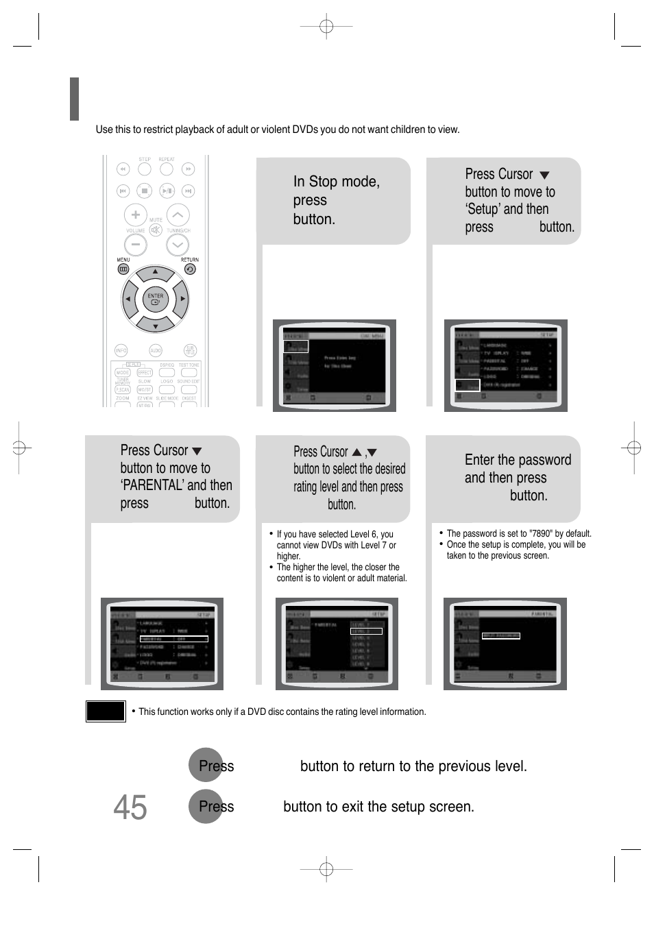 Setting parental controls (rating level) | Samsung HT-TQ25 User Manual | Page 46 / 80