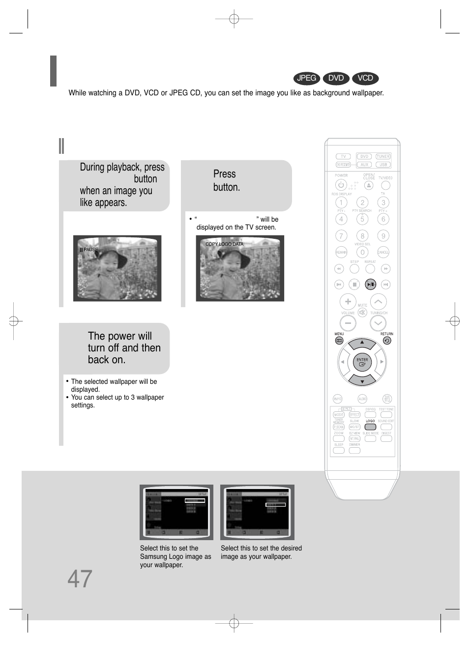 Setting the wallpaper | Samsung HT-TQ25 User Manual | Page 48 / 80