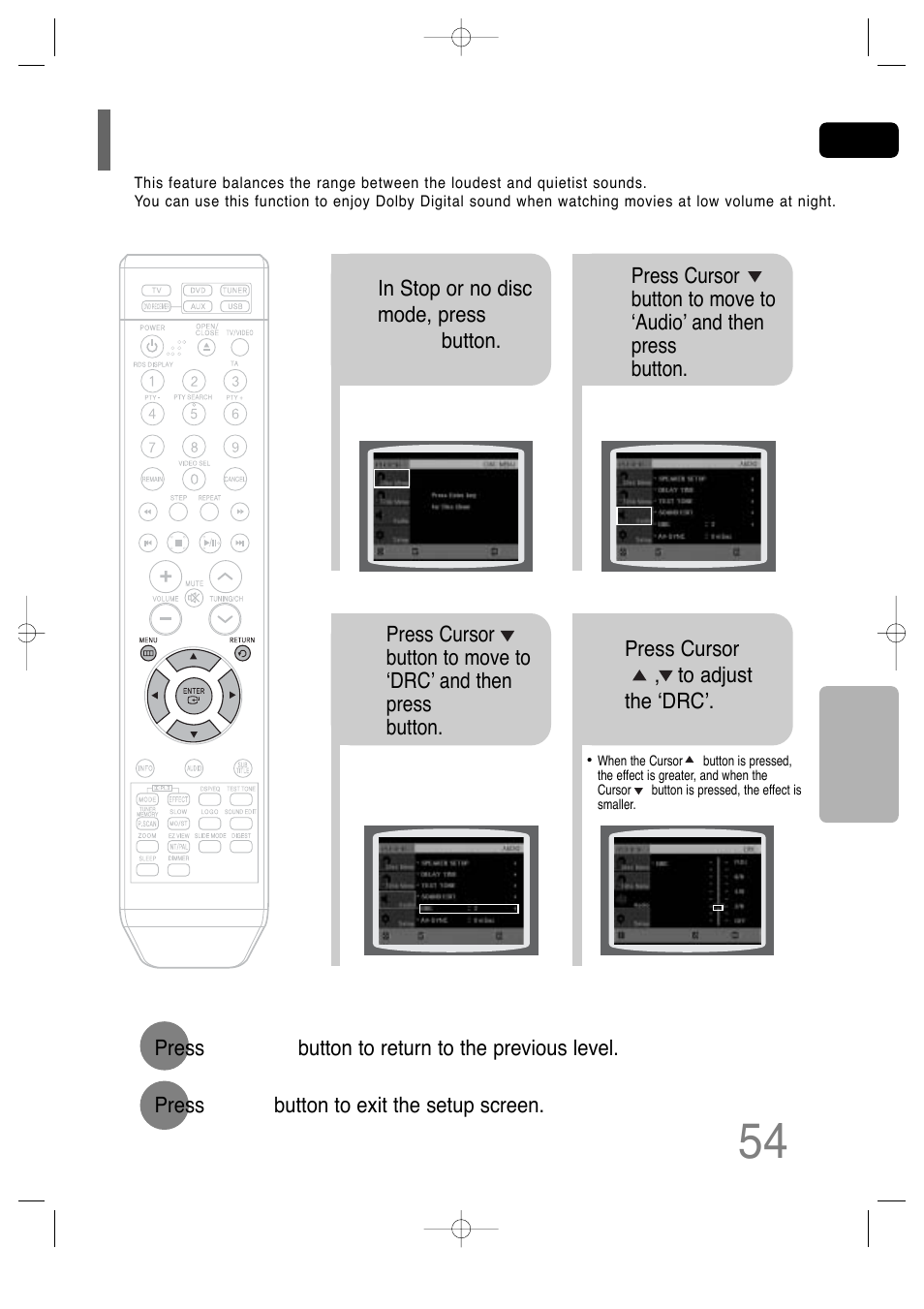 Setting the drc (dynamic range compression), Setting the audio, Setting the drc | Dynamic range compression) | Samsung HT-TQ25 User Manual | Page 55 / 80