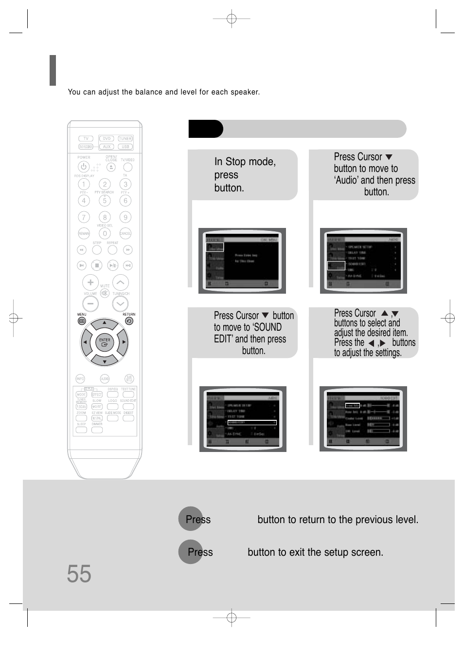 Setting the audio | Samsung HT-TQ25 User Manual | Page 56 / 80